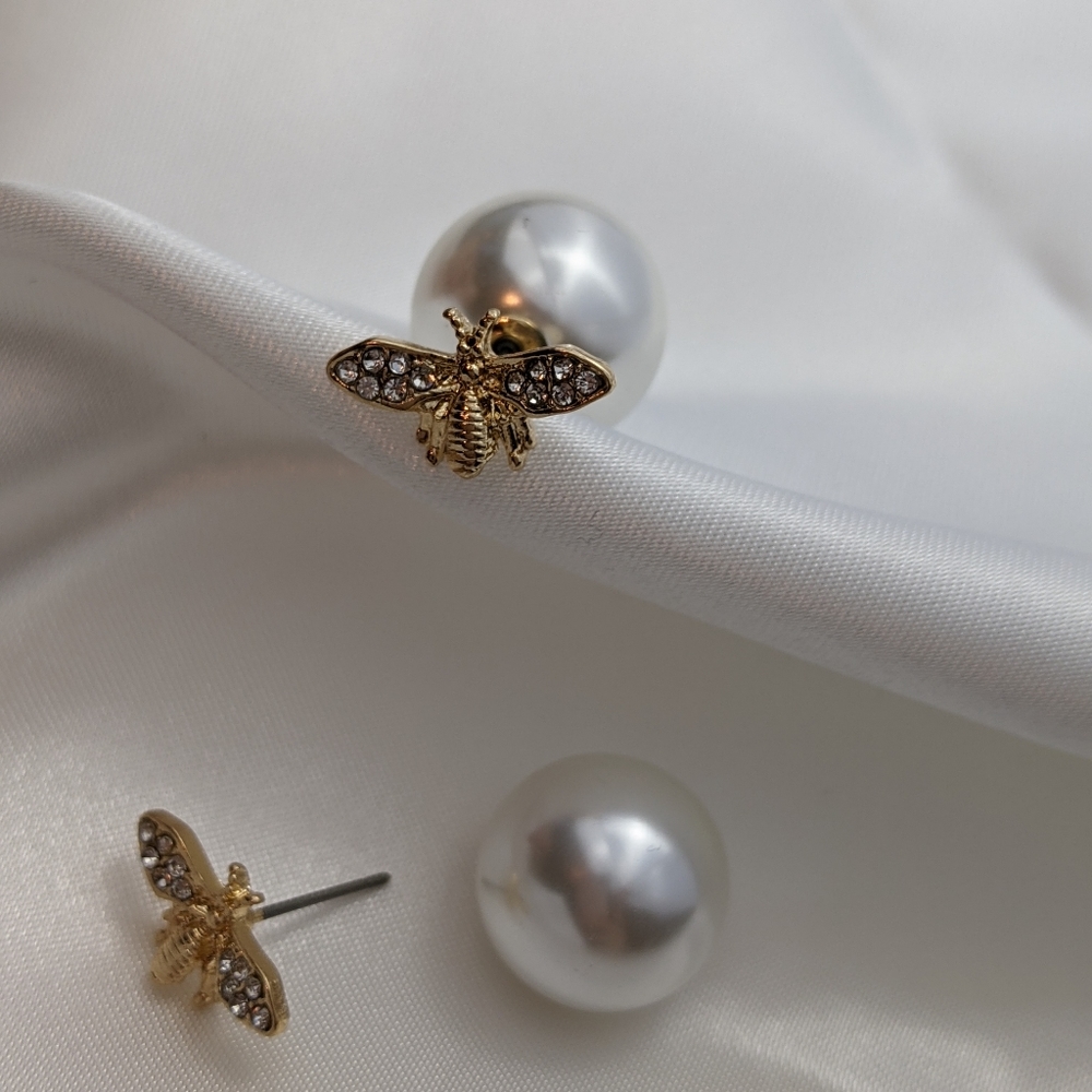 Bumble bee and Pearl-back Earrings